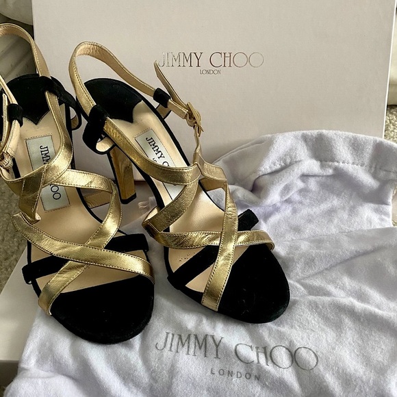 Jimmy Choo Black and Gold Strappy Heel - Picture 1 of 9